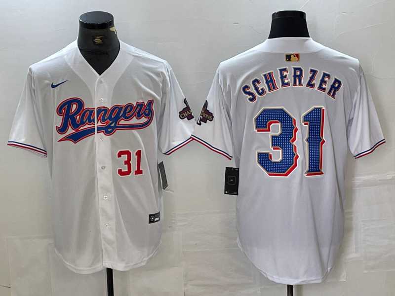Men%27s Texas Rangers #31 Max Scherzer Number White 2023 World Series Champions Cool Base Jersey->texas rangers->MLB Jersey